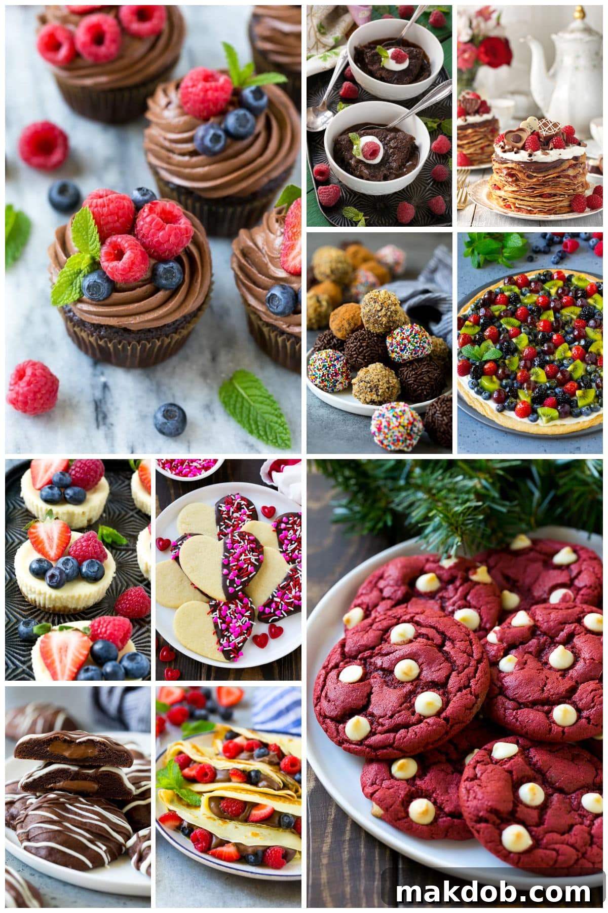 A group of Valentine's Day dessert recipes like red velvet cookies, Nutella cookies and chocolate truffles.