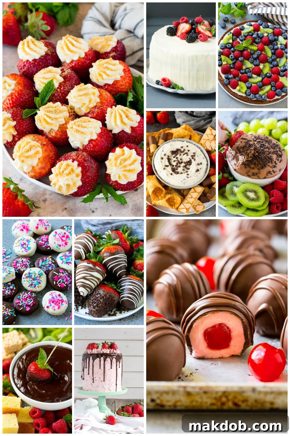 A collection of Valentine's Day dessert recipes including chocolate covered cherries, chocolate fruit dip and berry Chantilly cake.