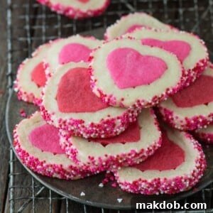 An image of slice and bake Valentine's Day cookies with heart shapes in them.