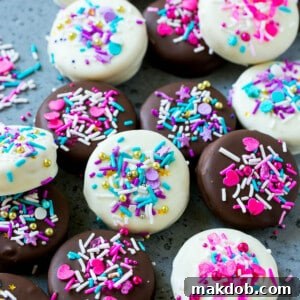 Chocolate covered Oreos decorated with pink and purple sprinkles.