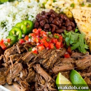 A platter of Chipotle barbacoa served with rice, beans, and fresh salsa.