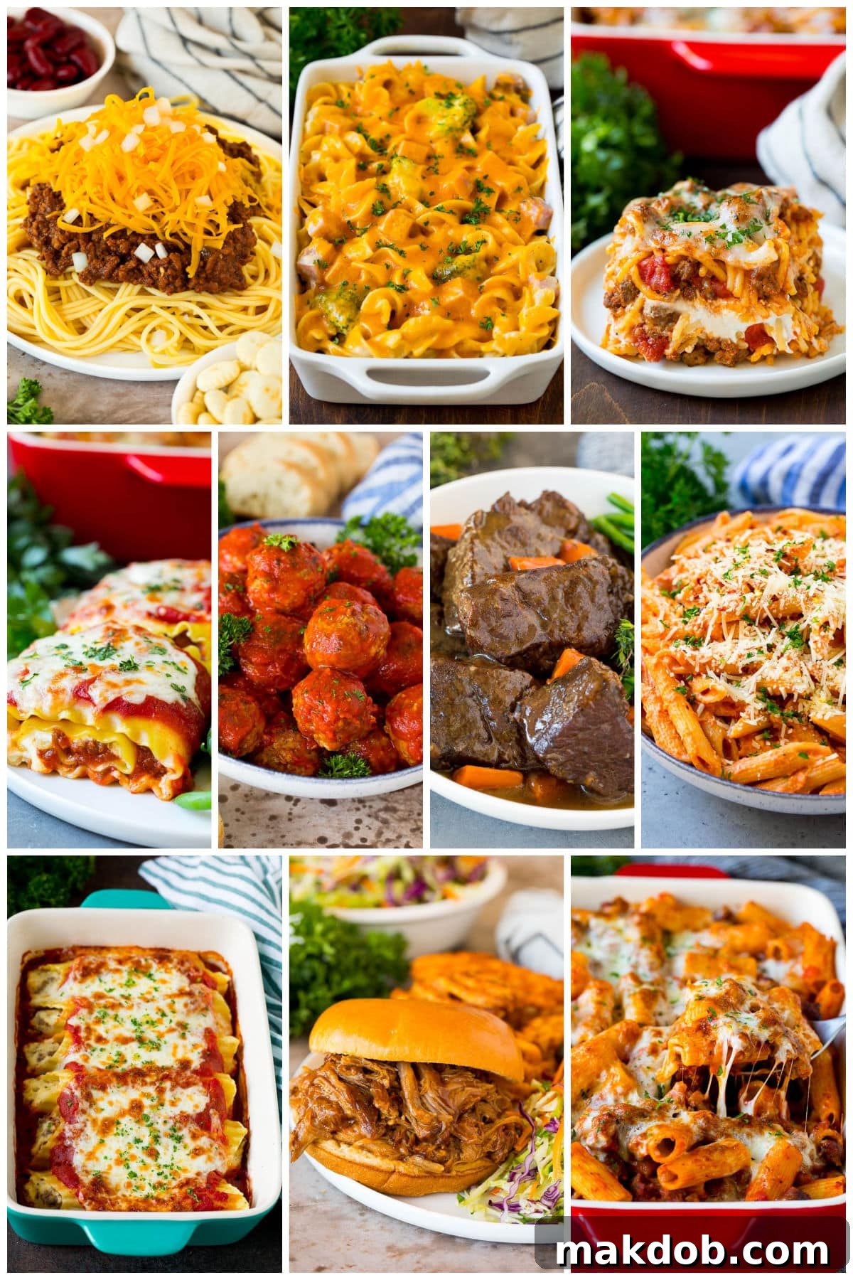 A compilation of tempting reheat-and-serve recipes like lasagna roll ups, pulled pork, and million dollar spaghetti casserole.
