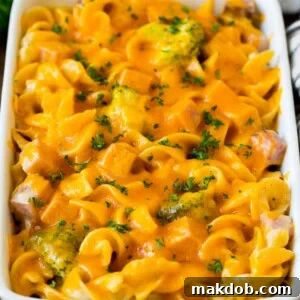 Ham casserole featuring egg noodles and broccoli, beautifully topped with melted cheese.
