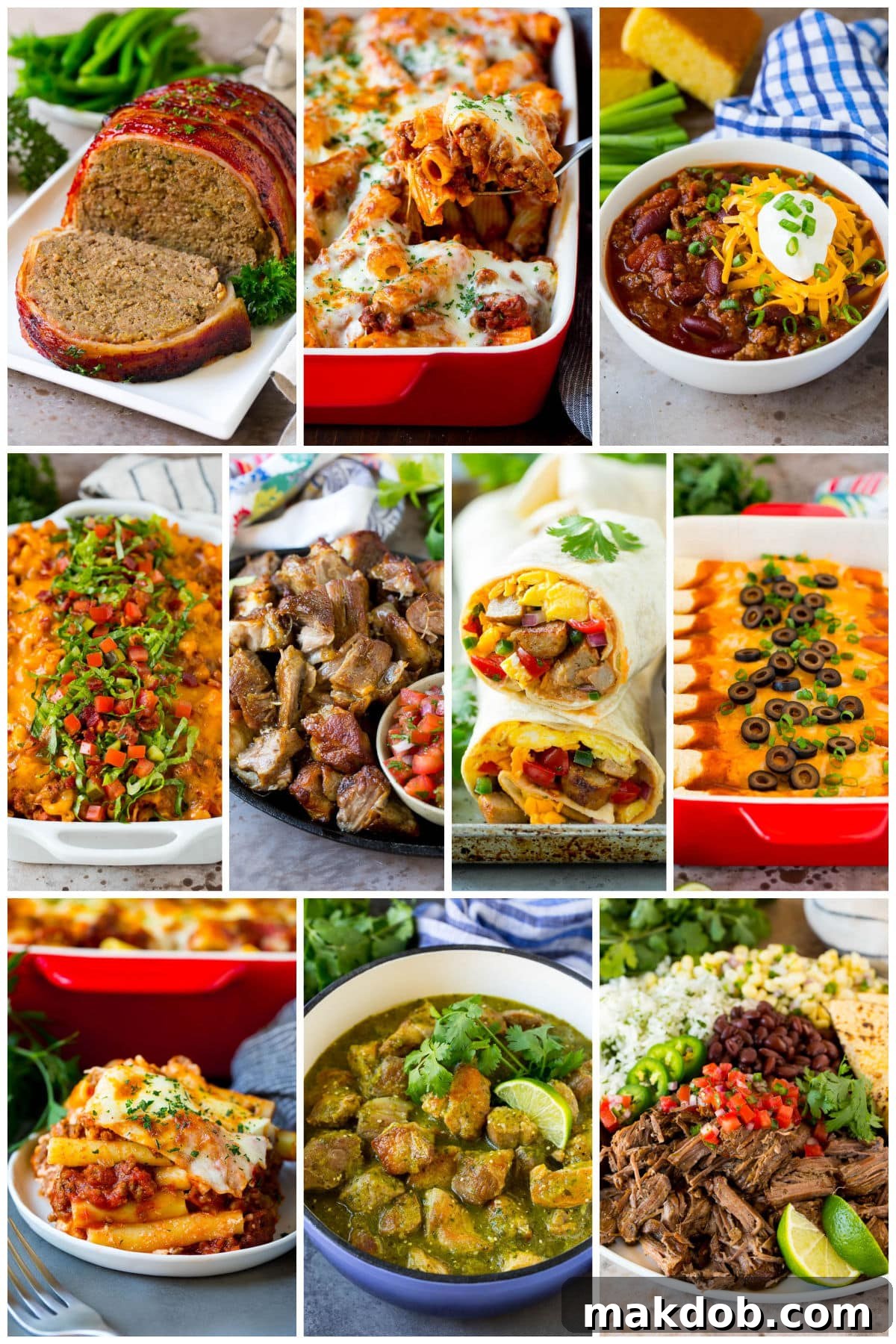 A selection of freezer meal recipes, including breakfast burritos, baked ziti, and chile verde, perfect for stocking up.