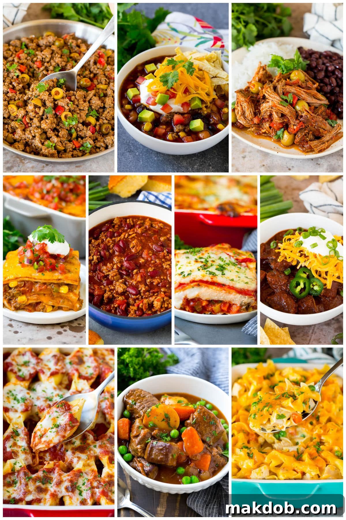 A vibrant assortment of meals that can be reheated, including turkey casserole and taco lasagna.