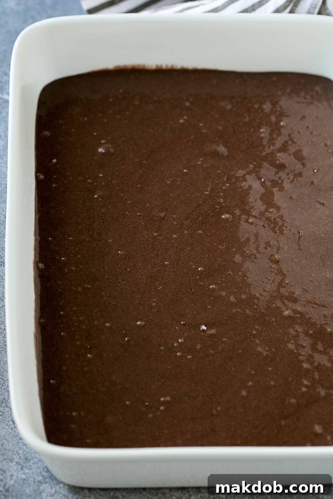 Chocolate cake batter filling a baking dish, a crucial step in preparing the cake.