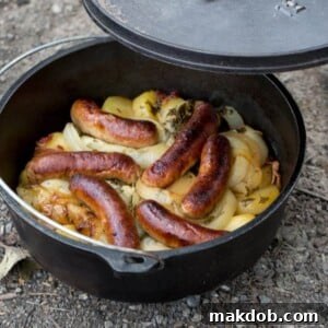 A rustic, hearty Dublin coddle, rich with potatoes, sausages, and bacon, simmering in a cast iron pot, showcasing traditional Irish comfort food.