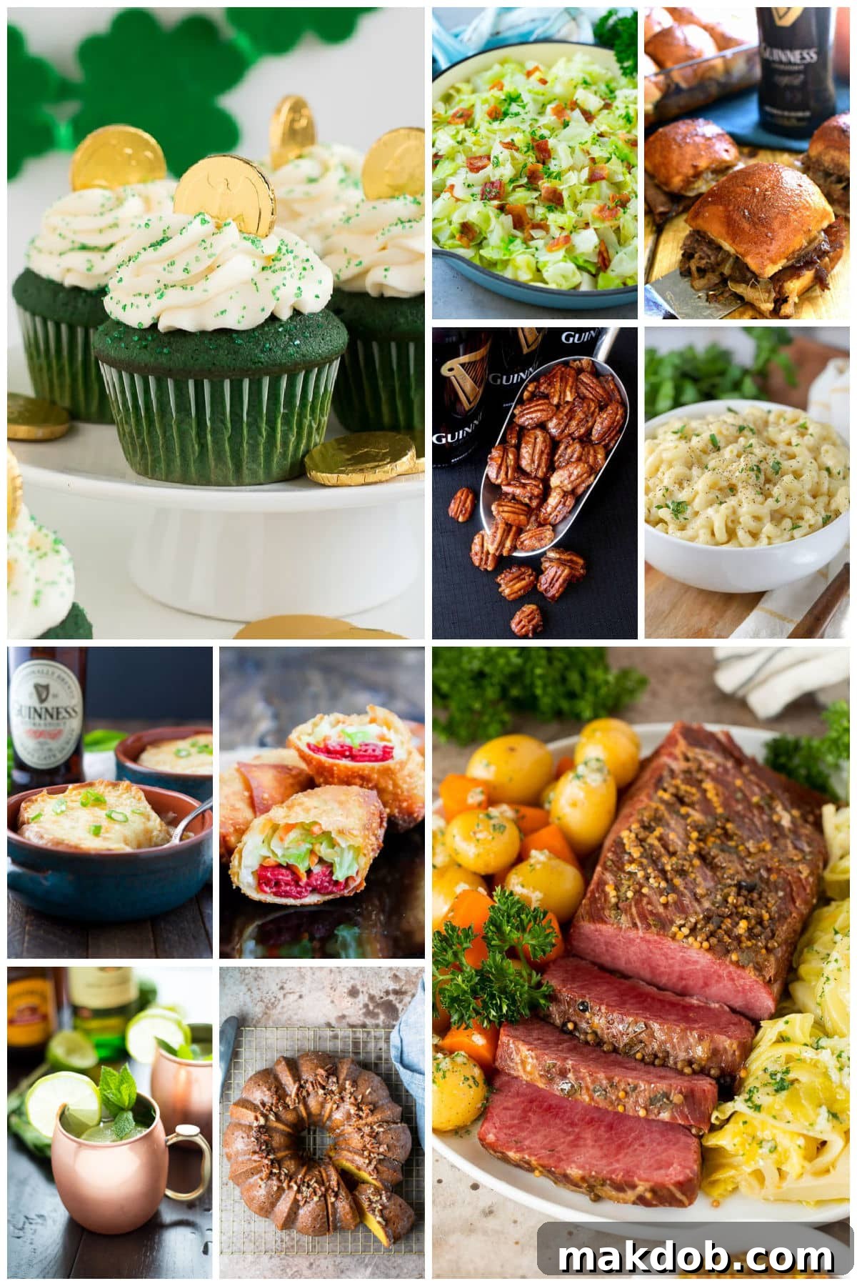 A group of images of delicious Saint Patrick's Day recipes such as instant pot corned beef, green velvet cupcakes and Guinness Irish cheddar macaroni and cheese.