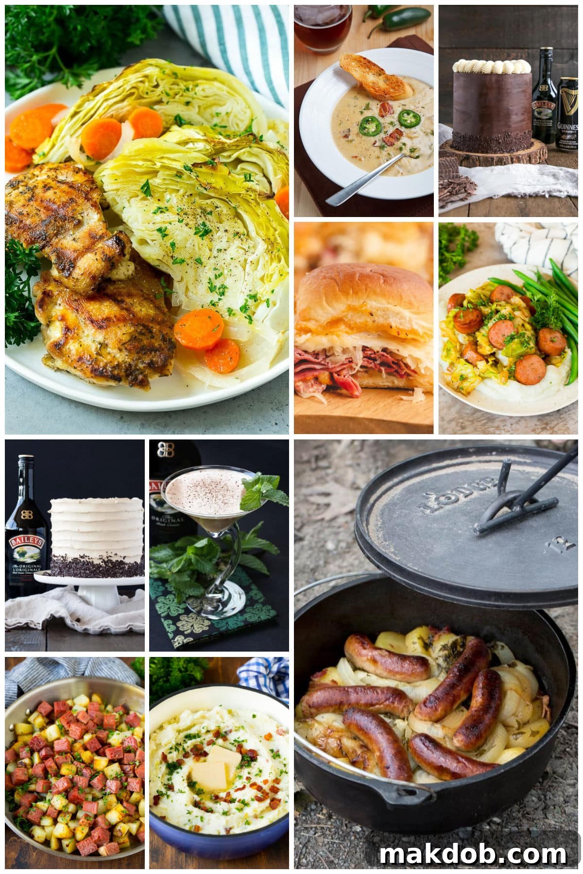 A collection of pictures of St. Patrick's Day recipes including corned beef hash, baked Reuben sliders and colcannon.