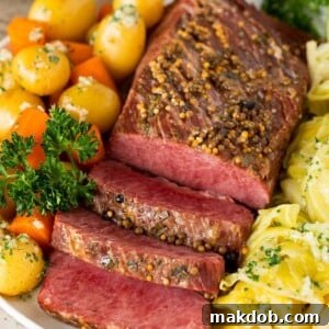 Instant Pot corned beef sliced and served with cabbage, carrots and potatoes.