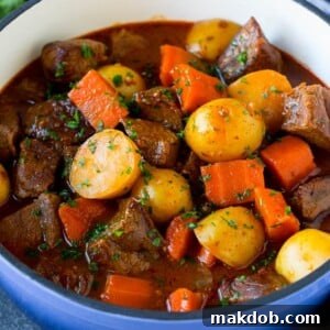 Irish stew with beer, tender beef, carrots and potatoes.