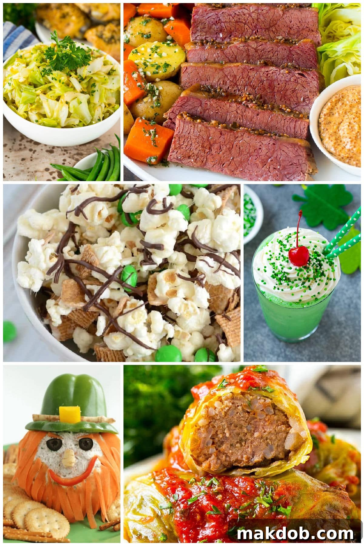 A collection of festive green and Irish-themed dishes, including tender slow cooker corned beef, flavorful sautéed cabbage, and a creamy Shamrock shake, perfect for a St. Patrick's Day feast.