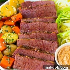 A festive platter showcasing perfectly cooked slow cooker corned beef, accompanied by tender cabbage wedges, soft potatoes, and sweet carrots, making a complete St. Patrick's Day meal.