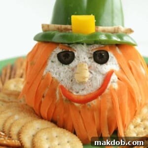 An image depicting a playful Corned Beef Leprechaun Cheeseball, shaped for fun and festivity, making an amazing appetizer for a St. Patrick’s Day party.