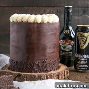 An image of a whole chocolate cake made with Bailey's and Guinness.