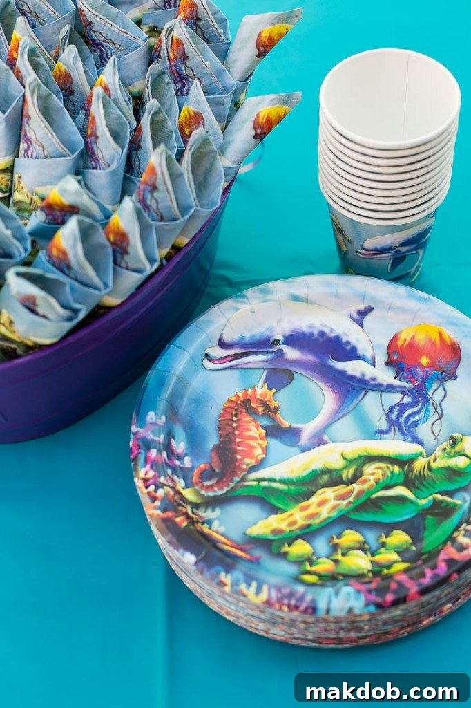 Sea themed plates and napkins - Under the Sea birthday party table settings