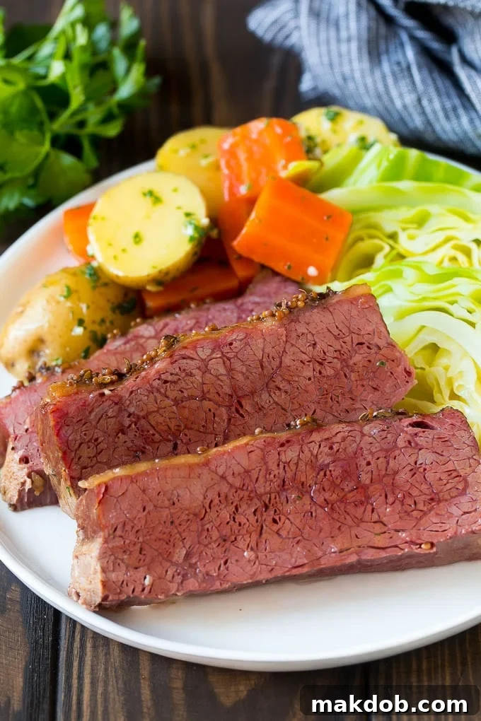 Slow Cooker Corned Beef Recipe | Crock Pot Corned Beef | Corned Beef and Cabbage #beef #cornedbeef #cabbage #potatoes #carrots #stpatricksday #irish #dinneratthezoo Sliced slow cooker corned beef on a plate with carrots, potatoes and cabbage.