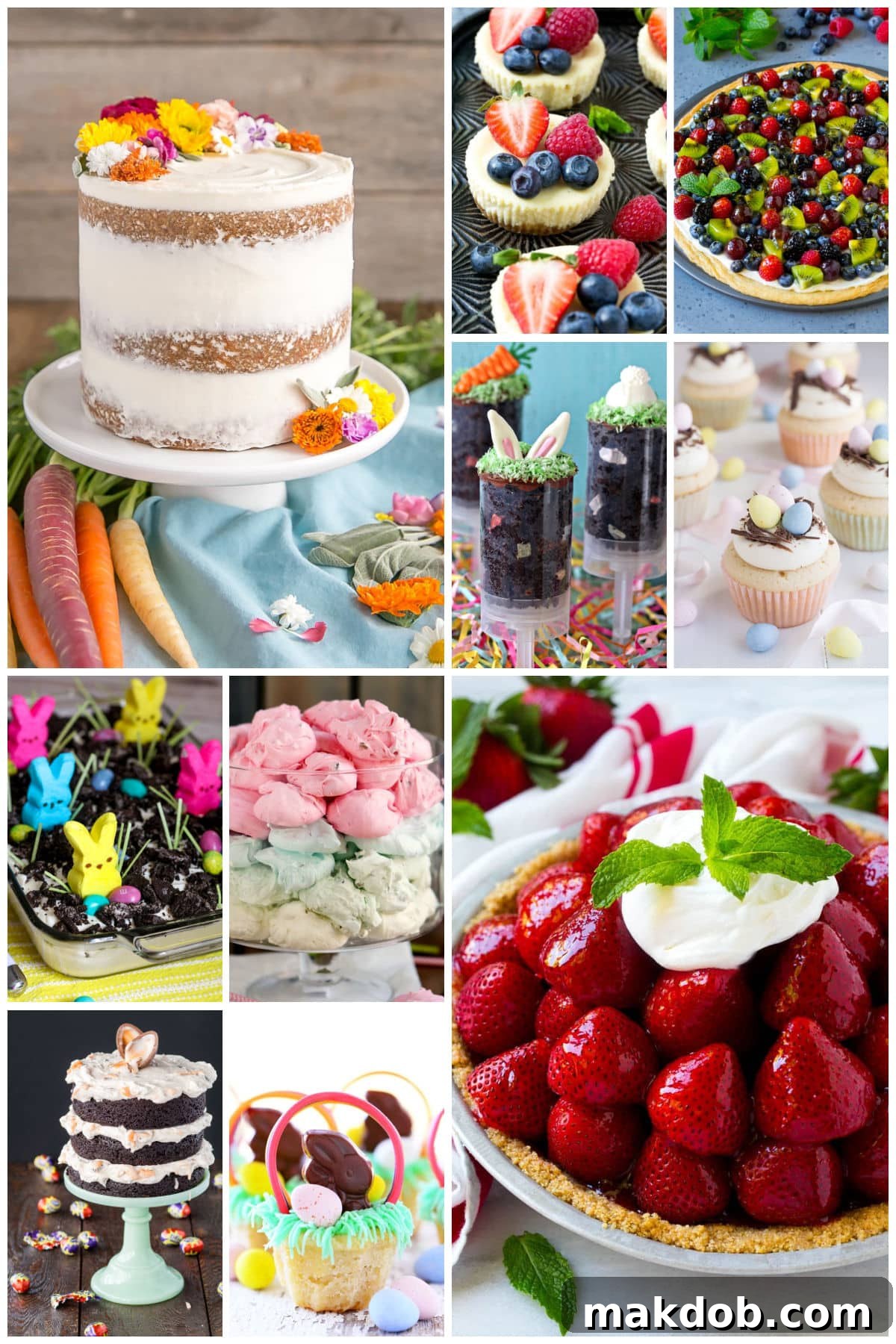 A group of spring sweets such as carrot cake, fruit pizza and fresh strawberry pie.