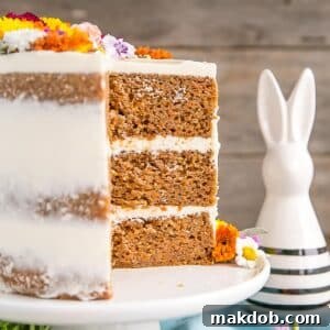 An image of a carrot cake with a slice removed.