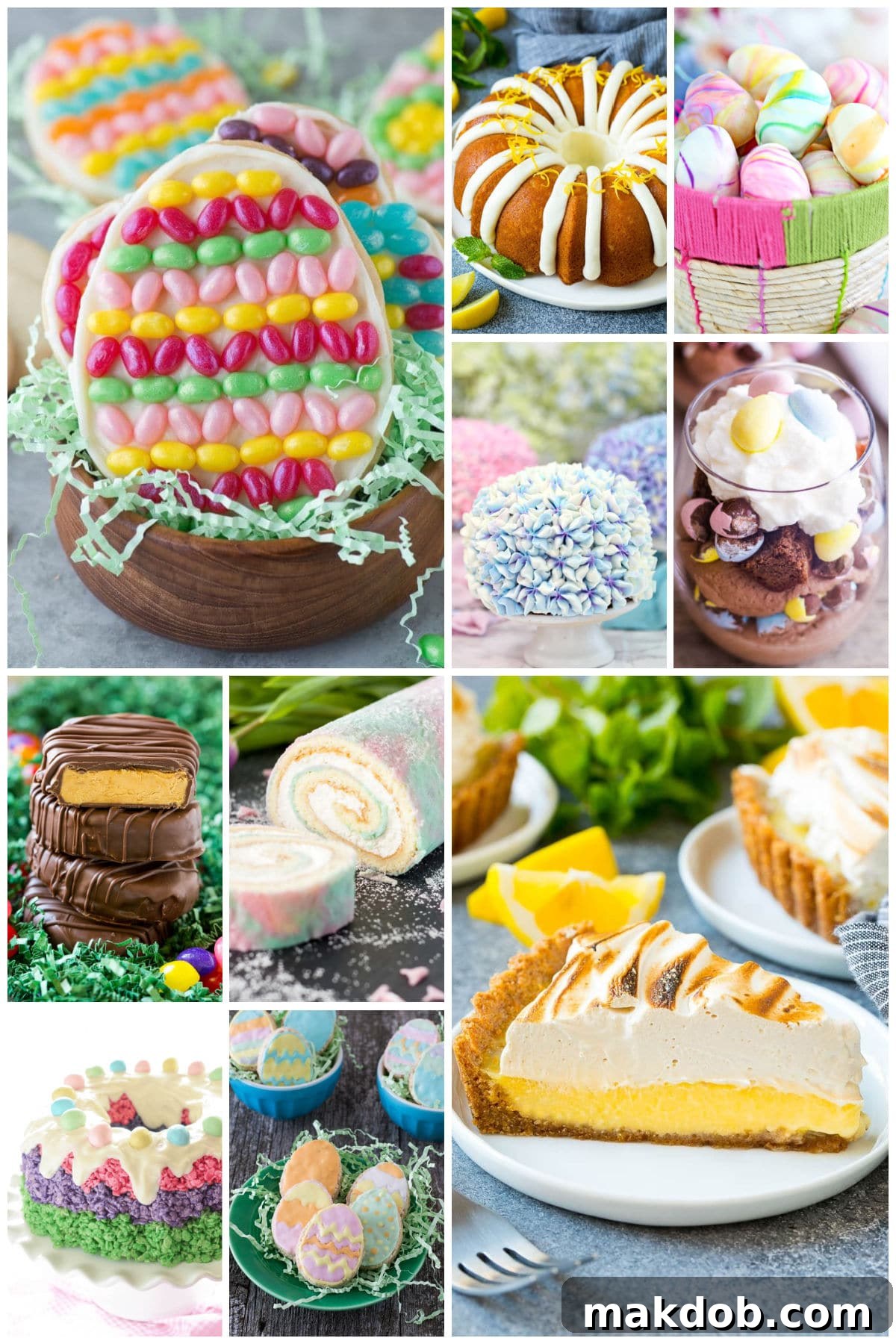 A collection of Easter treats including a lemon meringue tart, peanut butter eggs and a lemon Bundt cake.