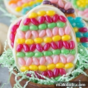 A picture of a jelly belly Easter cookie in a basket.