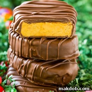 A stack of peanut butter eggs coated in chocolate.