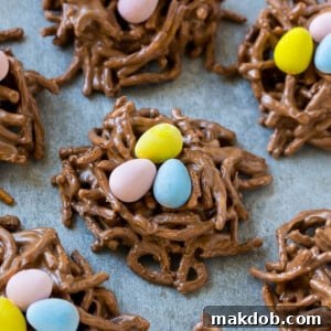 Birds nest cookies are a no bake dessert made with chocolate and chow mein noodles.