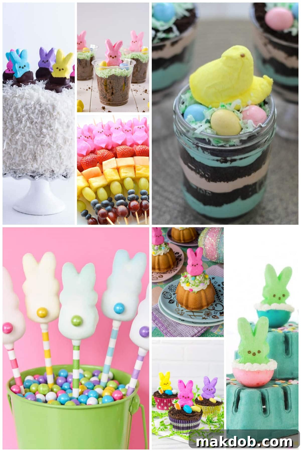 A delightful assortment of irresistible Easter Peeps recipes, featuring refreshing Easter Peeps fruit kabobs, charming Easter Peeps dirt pudding cups, and fun Easter Peeps pops, all bursting with springtime colors.