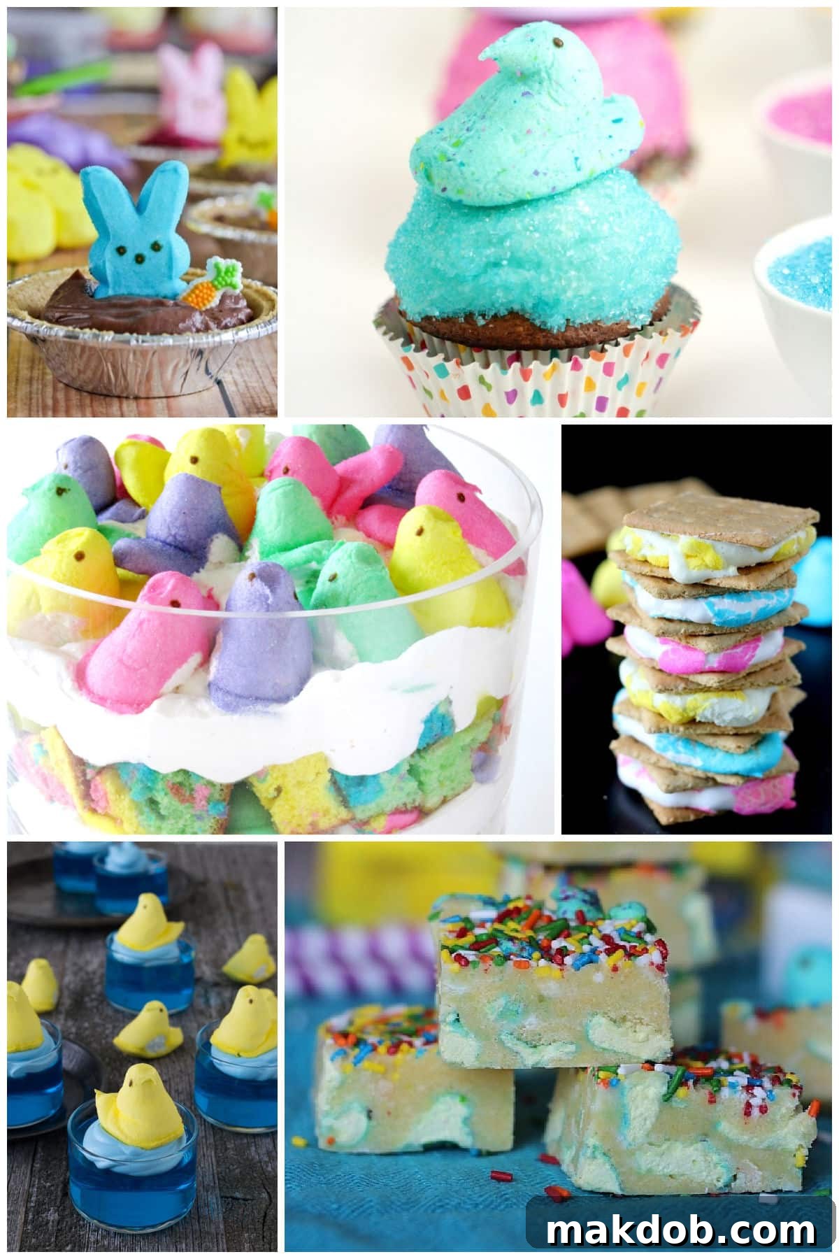 A vibrant display of Easter desserts featuring irresistible Peeps recipes, including a stunning rainbow Peeps trifle, classic Peeps s’mores, and charming Easter Peeps cupcakes.