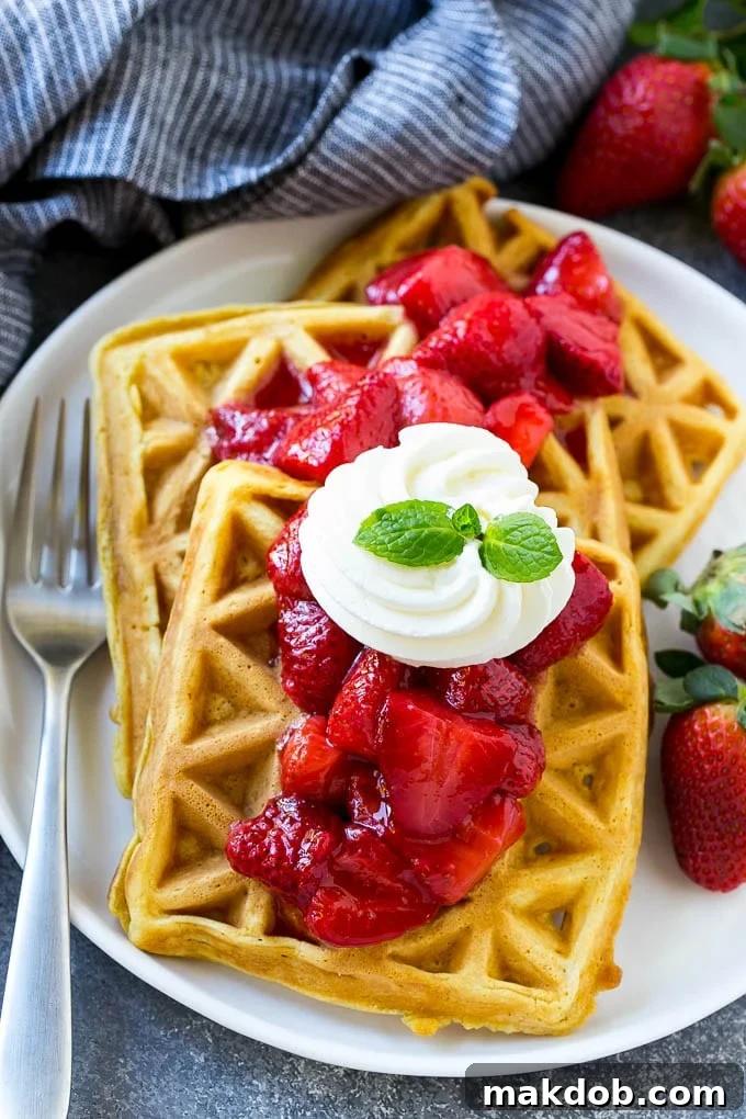 Strawberry Waffles | Homemade Waffles Recipe | Waffles with Strawberry Sauce | Homemade Strawberry Sauce #strawberry #waffles #breakfast #dinneratthezoo Strawberry waffles topped with homemade sauce and whipped cream, garnished with mint.