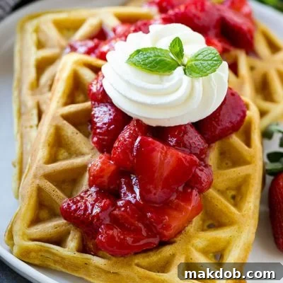 Berry Bliss Waffles 2 Strawberry waffles are homemade waffles topped with fresh strawberry sauce and whipped cream.
