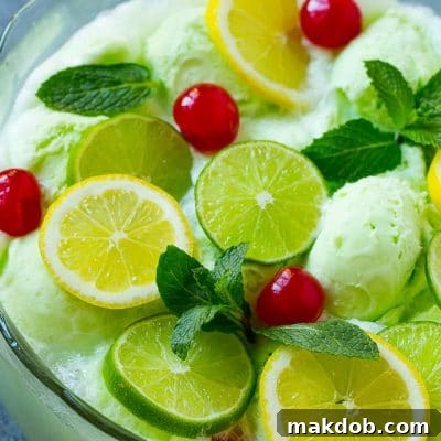 Lime sherbet punch garnished with cherries, lemons, limes and mint.