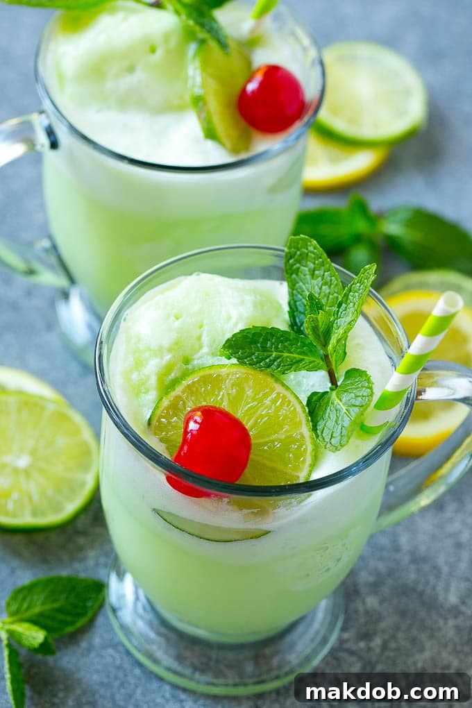 Several clear glasses filled with vibrant green lime sherbet punch, each garnished with a slice of lime and a colorful straw, ready to be served at a party.