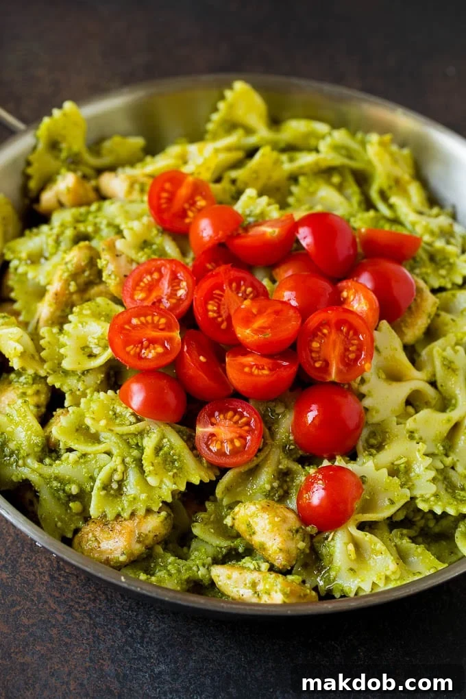 A close-up of chicken and pasta topped with bright red cherry tomatoes.