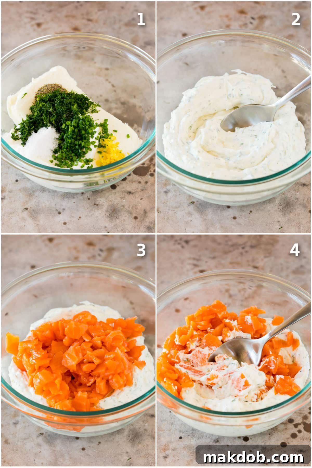 Decadent Smoked Salmon Dip 4 A visual step-by-step collage demonstrating the simple process of making smoked salmon dip, from mixing the creamy base to folding in the salmon, ready for serving.