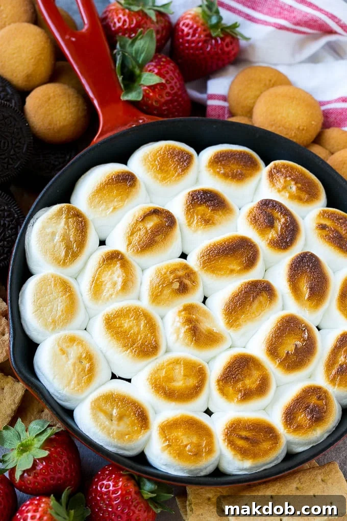 A skillet of s'mores dip with melted chocolate chips and toasted marshmallows, surrounded by graham crackers, cookies and strawberries, ready for dipping.