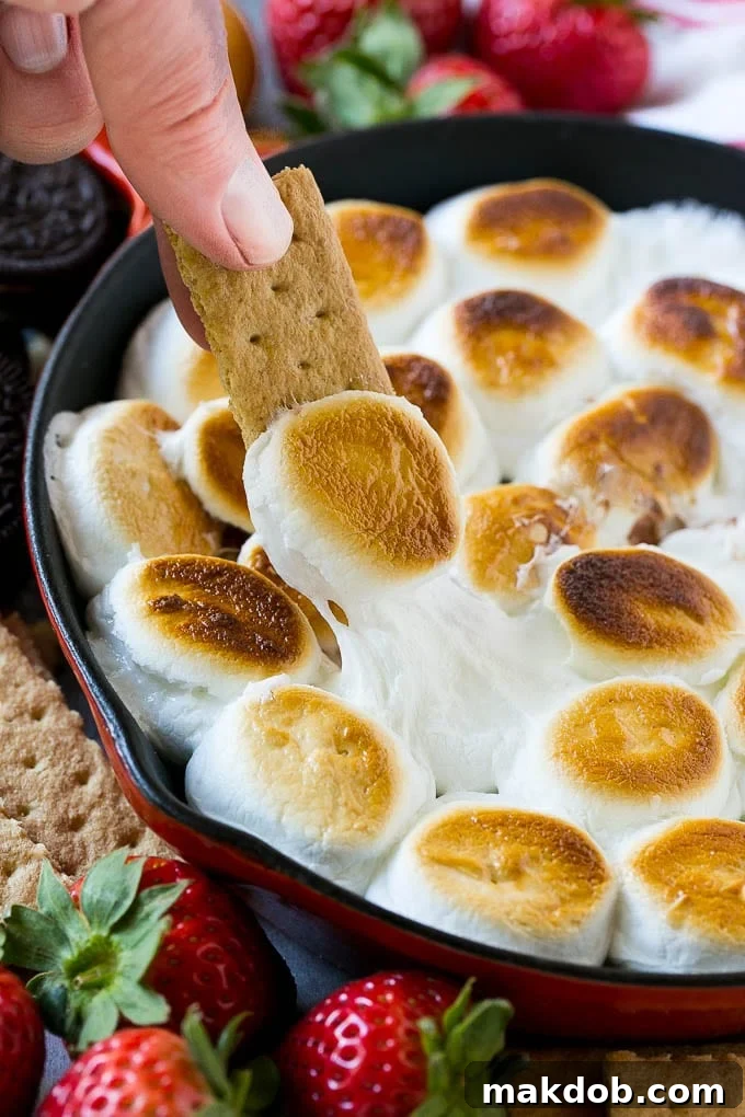 A graham cracker topped with melted marshmallow dipping into a skillet of s'mores dip, surrounded by more dippers.