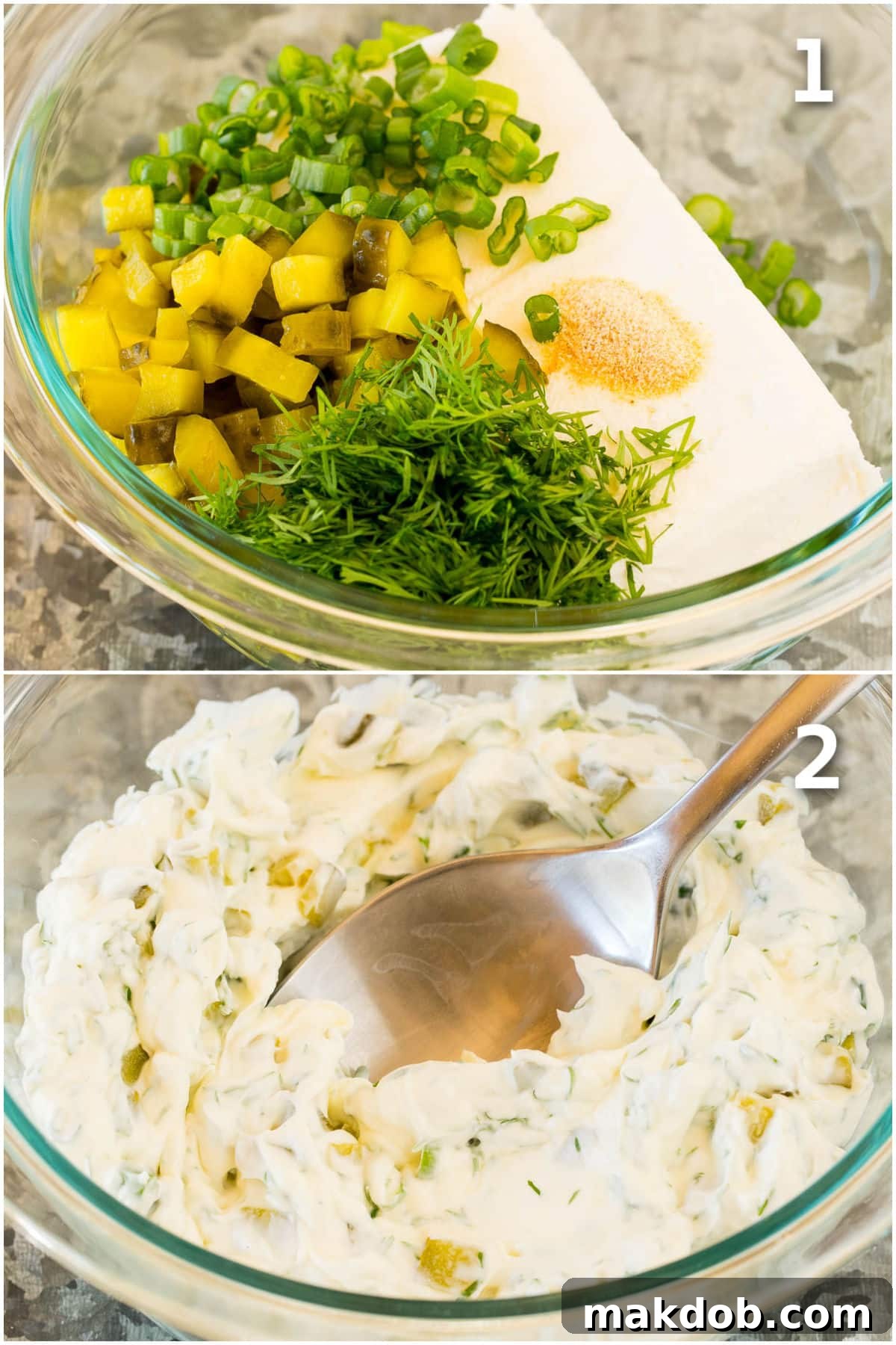 A collage of process shots illustrating each step of making dill pickle dip: softened cream cheese in a bowl, adding chopped pickles and other ingredients, and finally, a close-up of the mixed dip.