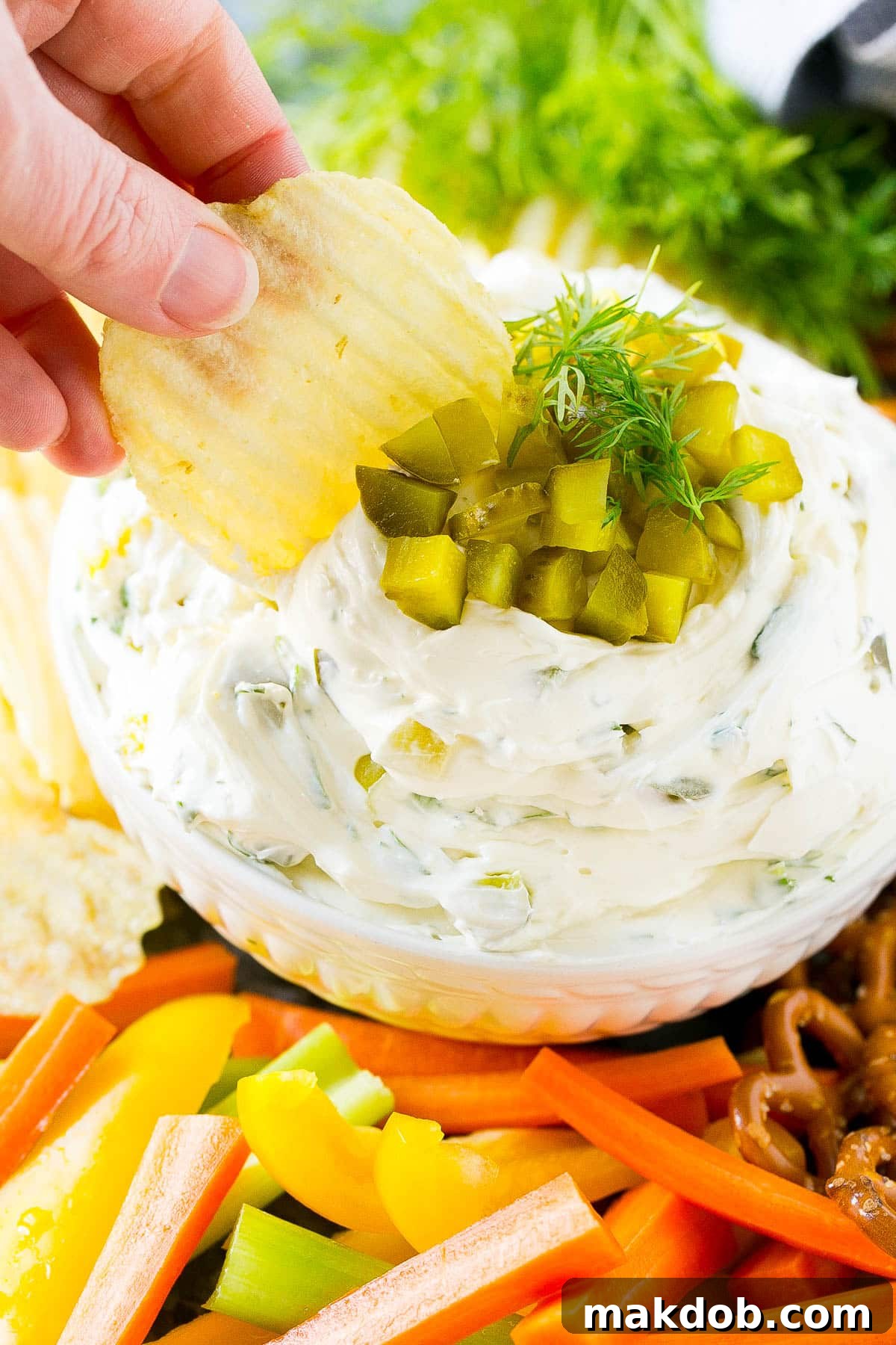A crispy potato chip poised to scoop a generous serving of creamy dill pickle dip from a bowl, highlighting the dip's rich texture and chunky pickle pieces.