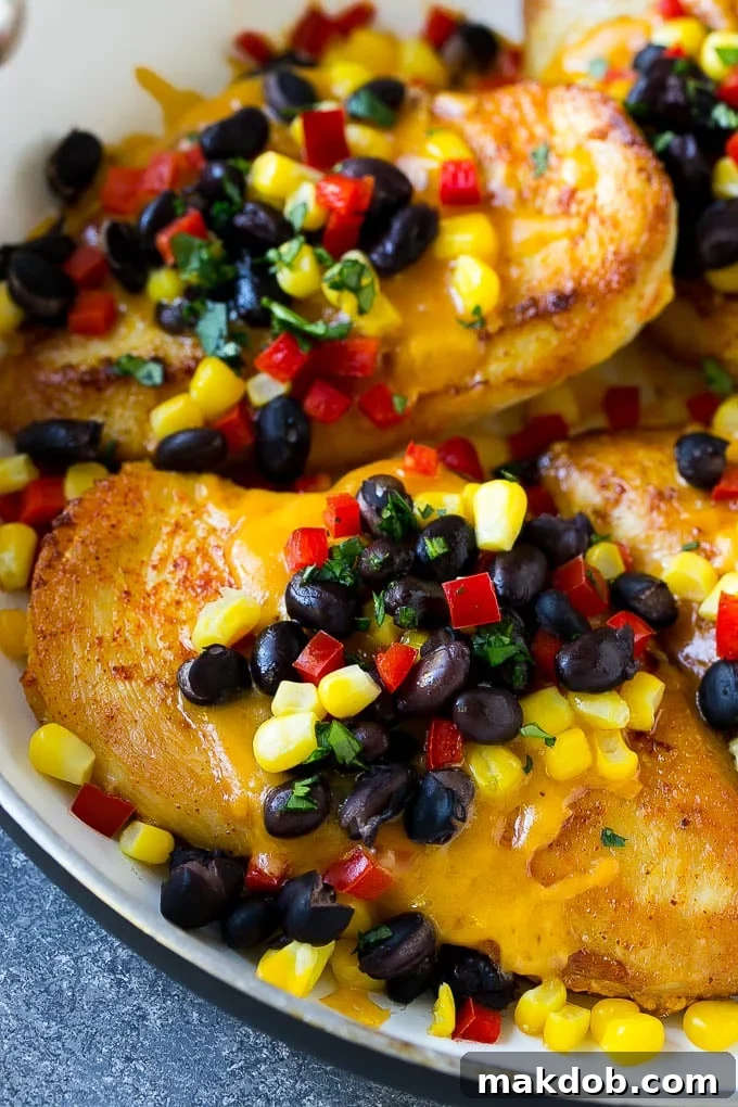 Fiesta Santa Fe Chicken 4 An oven-safe skillet showcasing cooked Chicken Santa Fe, with chicken breasts covered in melted cheese, black beans, corn, and vibrant red bell peppers, garnished with fresh cilantro.