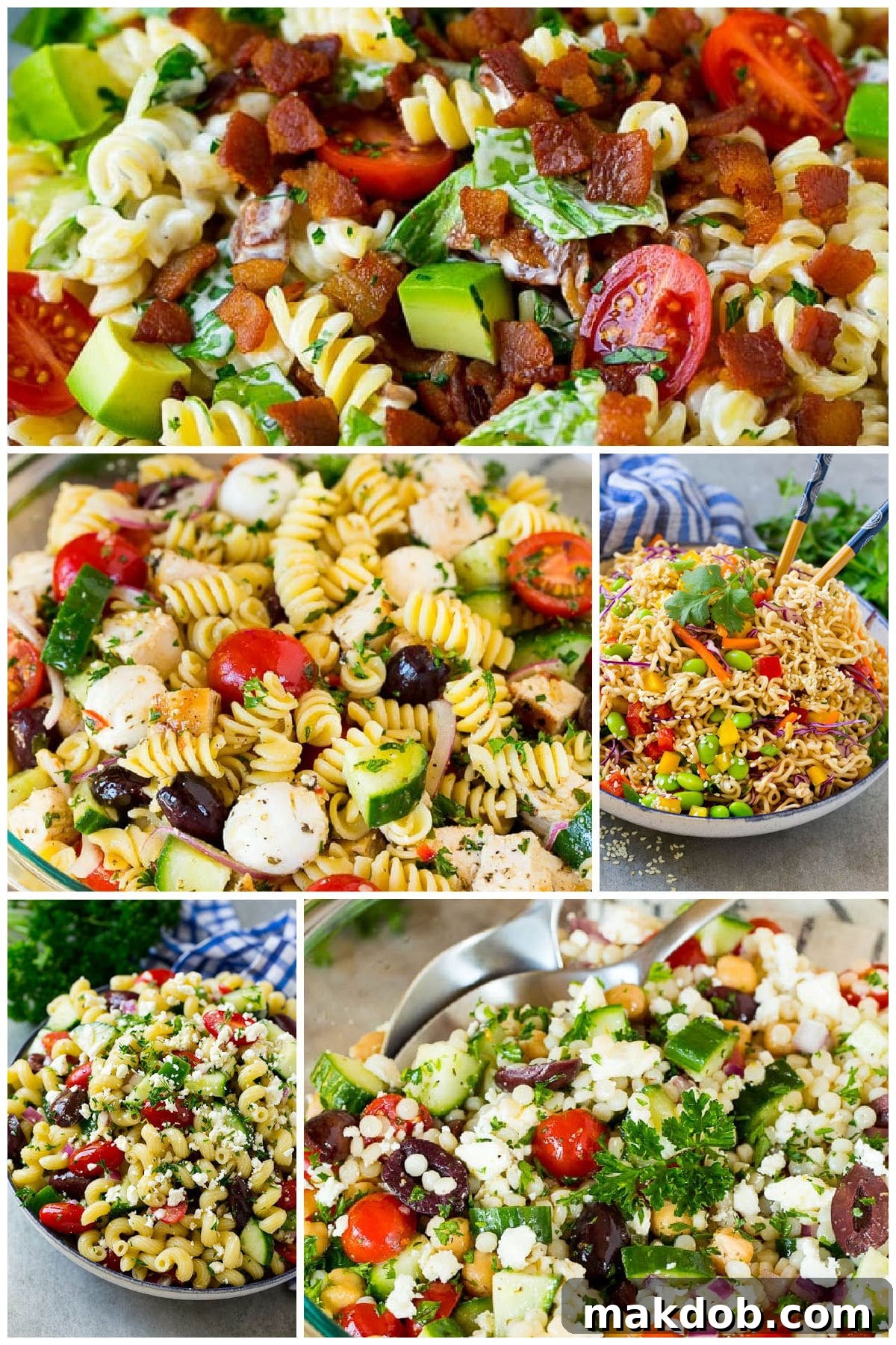 Irresistible Pasta Salad Creations 3 A vibrant assortment of pasta salad recipes, including a classic BLT pasta salad, a hearty chicken pasta salad, and a refreshing Greek pasta salad, perfect for any gathering.
