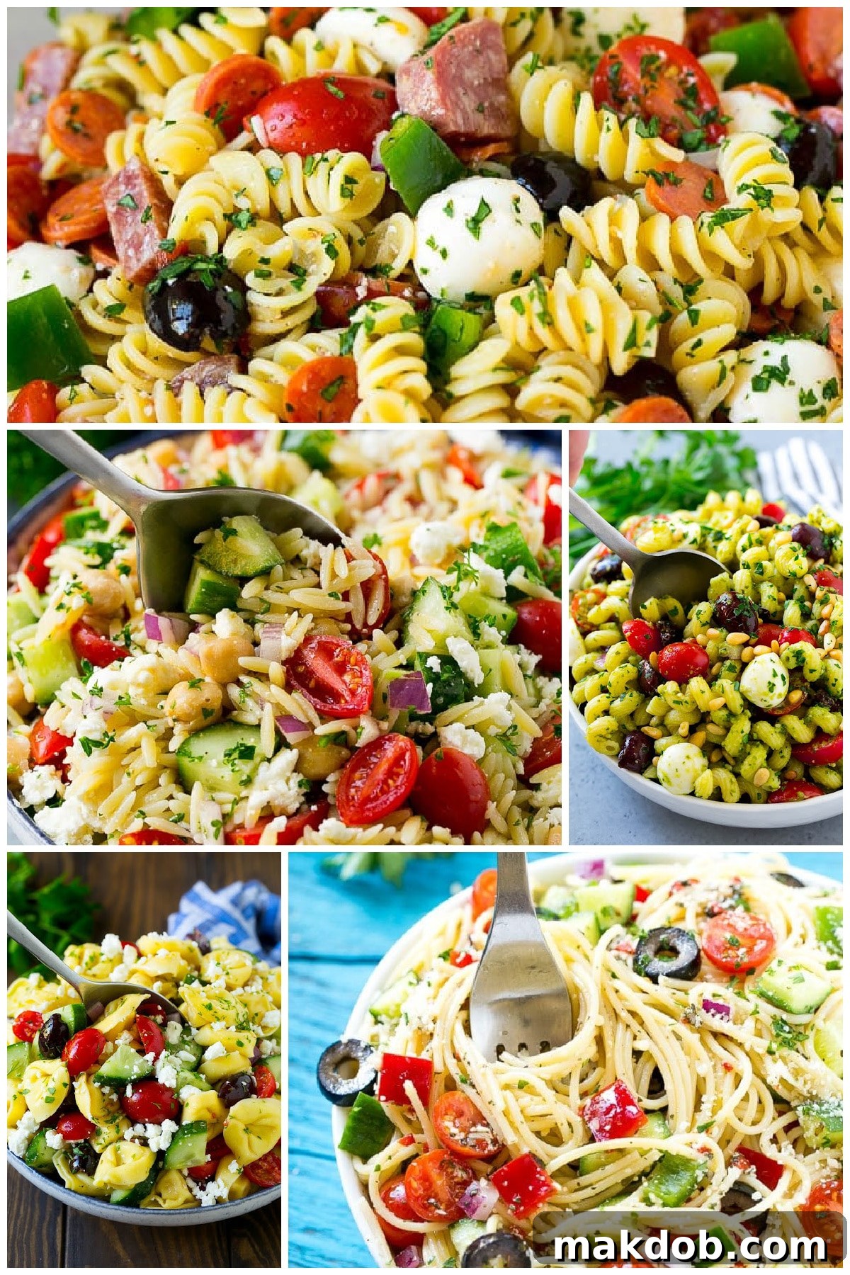 Irresistible Pasta Salad Creations 9 A delicious group of diverse salads, including spaghetti salad, delicate orzo salad, and flavorful pesto pasta salad, promising a variety of tastes.