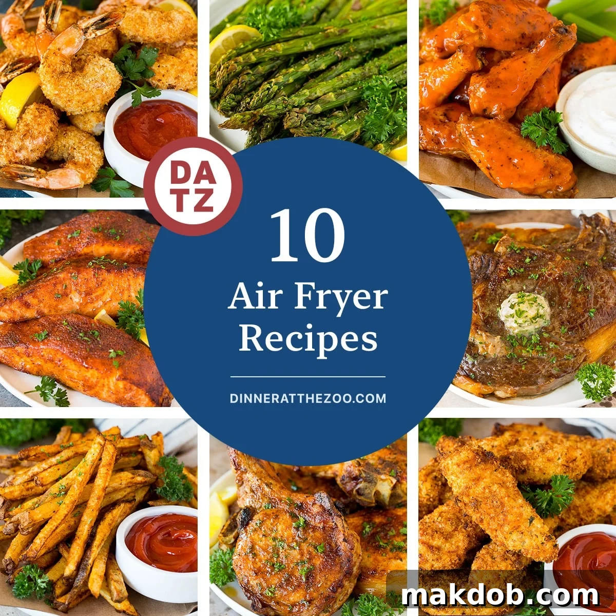 A collection of amazing air fryer recipes for any occasion including chicken wings, shrimp and pork chops.