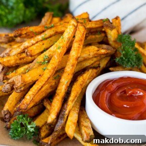 A plate of air fryer french fries garnished with parsley and served with ketchup.