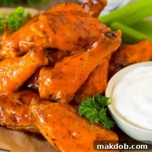 Air fryer chicken wings coated in buffalo sauce and served with ranch and celery.