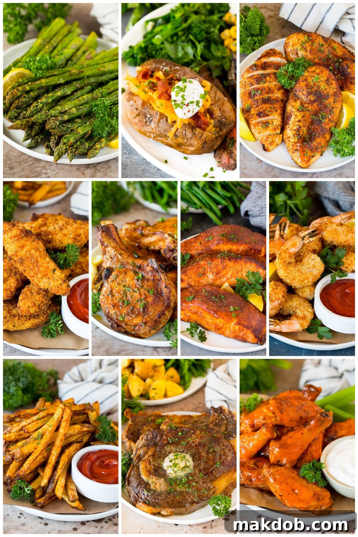 A collection of dishes that can be cooked up with an air fryer like chicken tenders, salmon and steak.