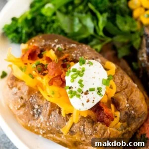 Air fryer baked potatoes served with steak and vegetables.