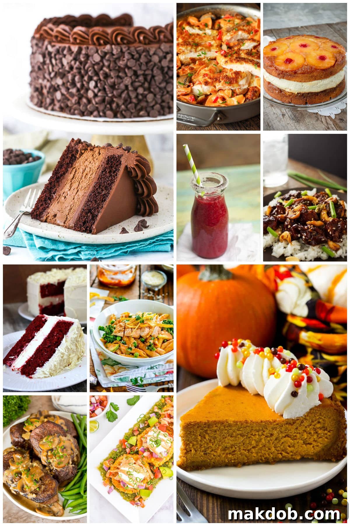 Several images of copycat restaurant dishes like raspberry lemonade, pumpkin cheesecake and spicy cashew chicken.