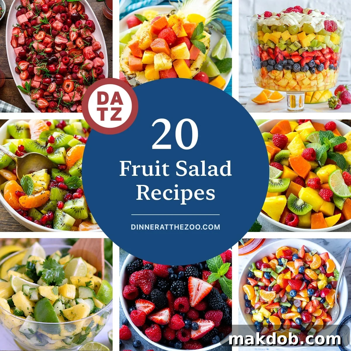 A vibrant collection of fruit salad recipes, including a refreshing berry fruit salad and a luscious tropical fruit salad, showcasing diverse textures and colors.