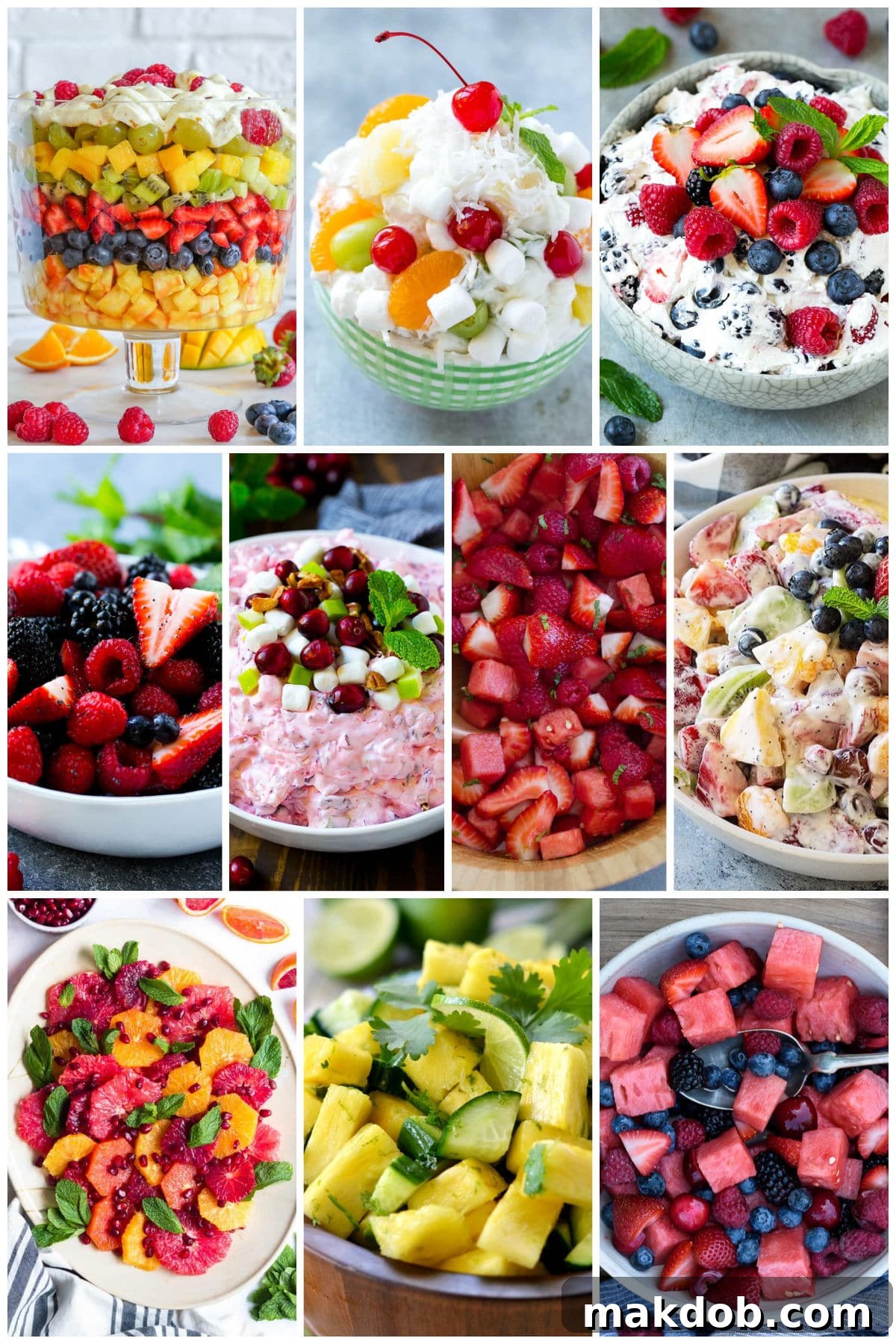A delightful arrangement of fruit dishes, showcasing options like a rich berry cheesecake salad and a unique pineapple cucumber salad, illustrating the wide variety of recipes available.